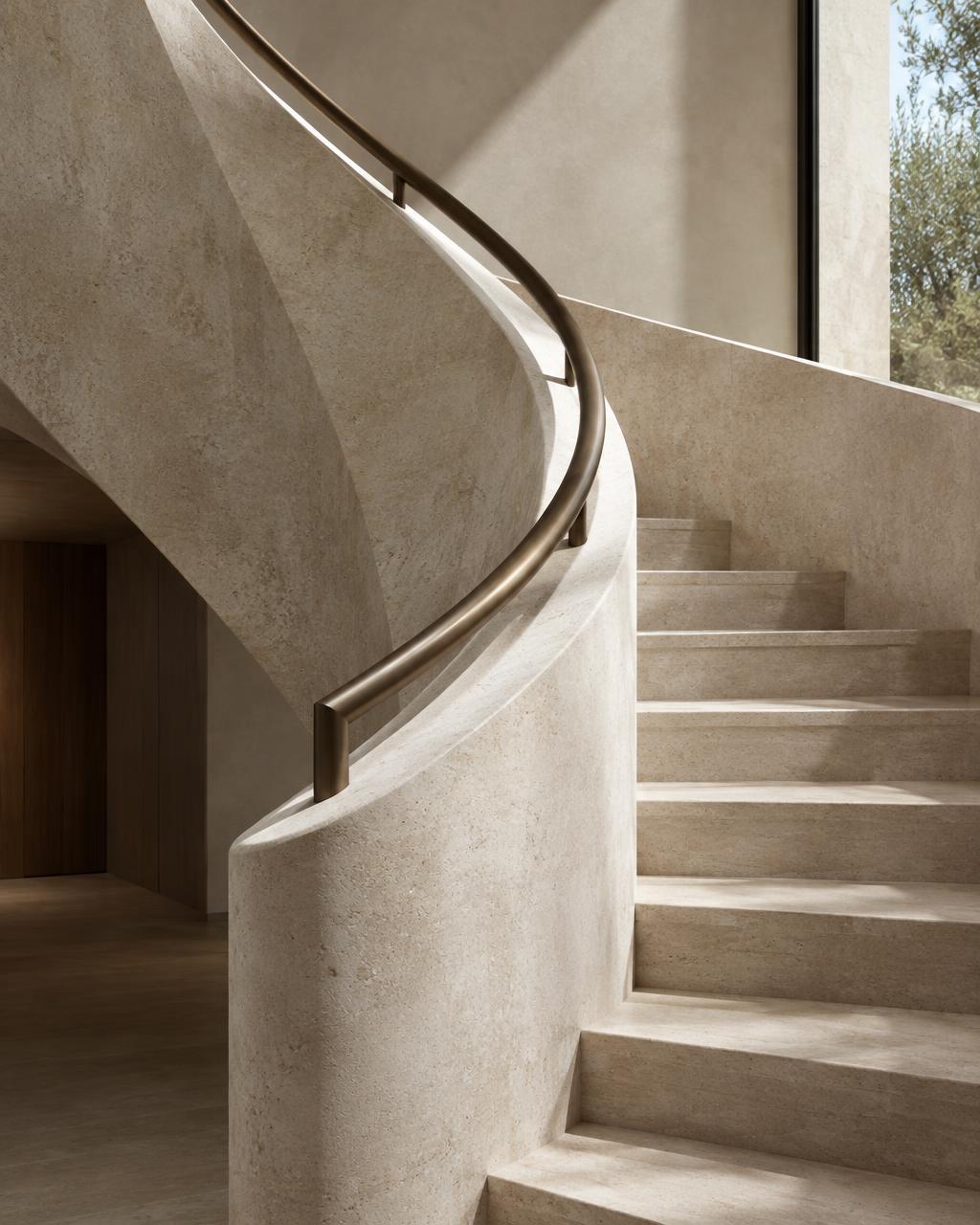 AI-generated architectural concept of a sculptural limestone staircase